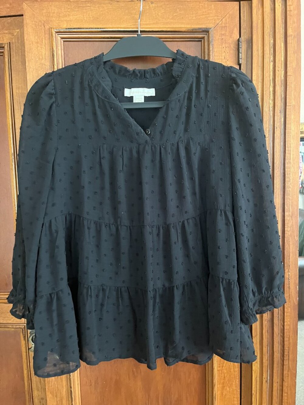 Monteau Los Angeles Swiss Dot Tiered Babydoll Blouse Black XL